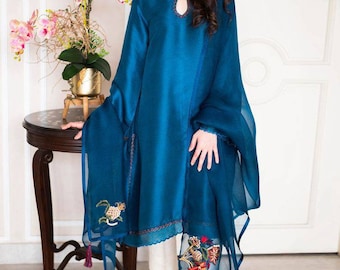 Organza Teal Blue Floral Embroidered Kurta Palazzo Dupatta Set Indian Ethnic Women Party Wear Silk Pakistan Festive Dress Kurta, Formal Wear