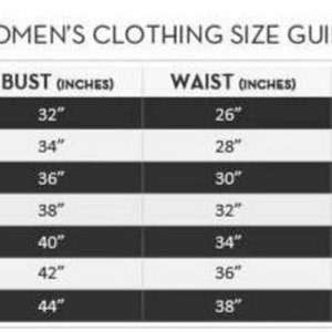May include: A women's clothing size guide with measurements in inches. The guide includes sizes from XX-Small to XX-Large, with corresponding bust, waist, and hip measurements. The text "WOMEN'S CLOTHING SIZE GUIDE" is at the top.