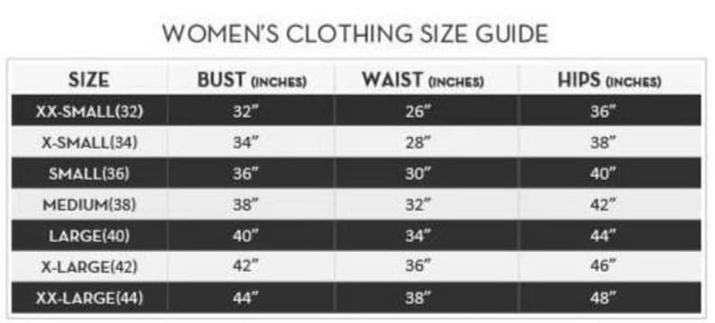 May include: A women's clothing size guide with measurements in inches. The guide includes sizes from XX-Small to XX-Large, with corresponding bust, waist, and hip measurements. The text "WOMEN'S CLOTHING SIZE GUIDE" is at the top.