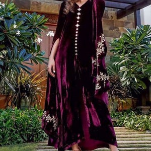 Magenta velvet kurta trouser set with golden work indian Pakistani wedding hand made embellished outfit