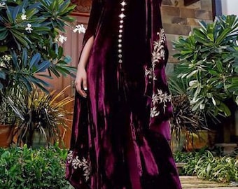 Magenta velvet kurta trouser set with golden work indian Pakistani wedding hand made embellished outfit