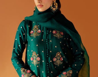 Indisches Designer-Kurta-Hosenset aus dunkelgrüner Seide mit Organza-Dupatta für Frauen, indisches Party-/Festkleid für Frauen, Eid-Kleidung