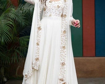 Indian Heavy Designer White and Golden Anarkali Gown with Jacket For Her, Indian Pakistani Traditional Ethnic Party Wear Gown for Bridesmaid