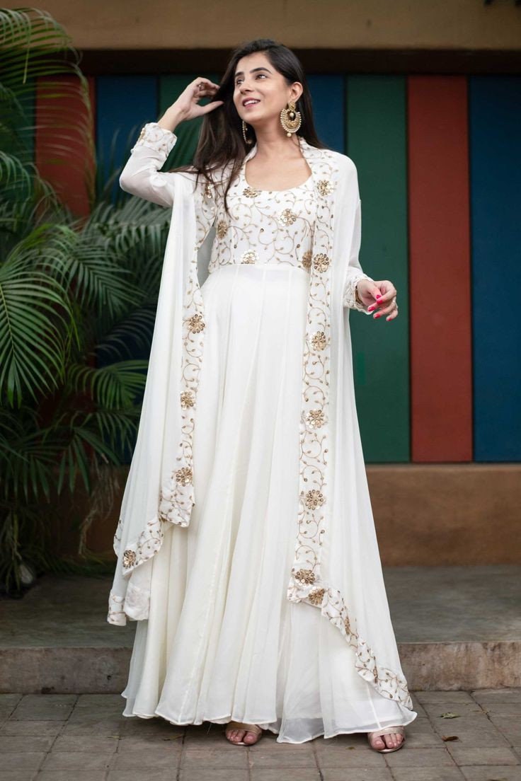 White Georgette Anarkali Suit Floral Gown Dress Indian Ethnic Party Salwar  Kamez | eBay