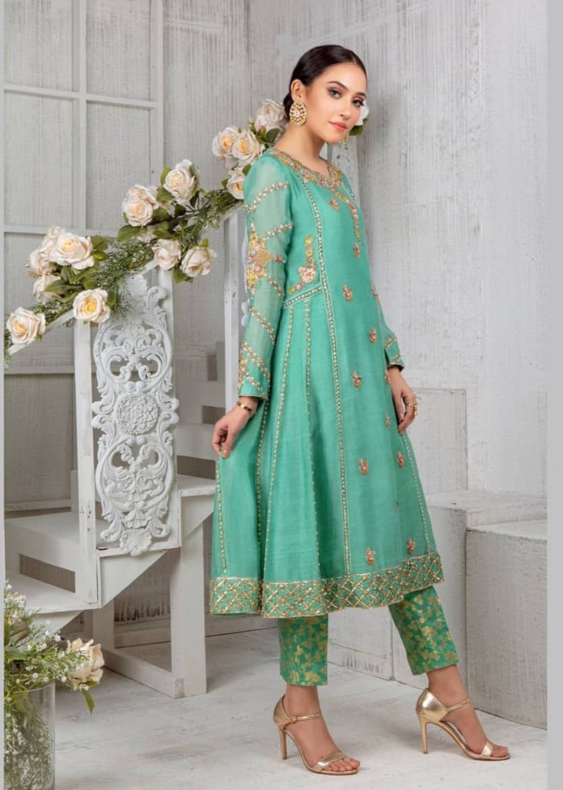 Seagreen Frock Kurta Banarsi Trouser Set With Rani Shaded Etsy
