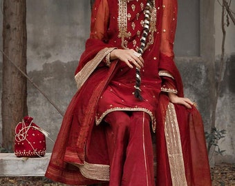 Indian Designer Red Silk Kurta with Loose Palazzo and Organza Dupatta with Zari and Sequence Work, Festive Ethnic Suit Set for Women