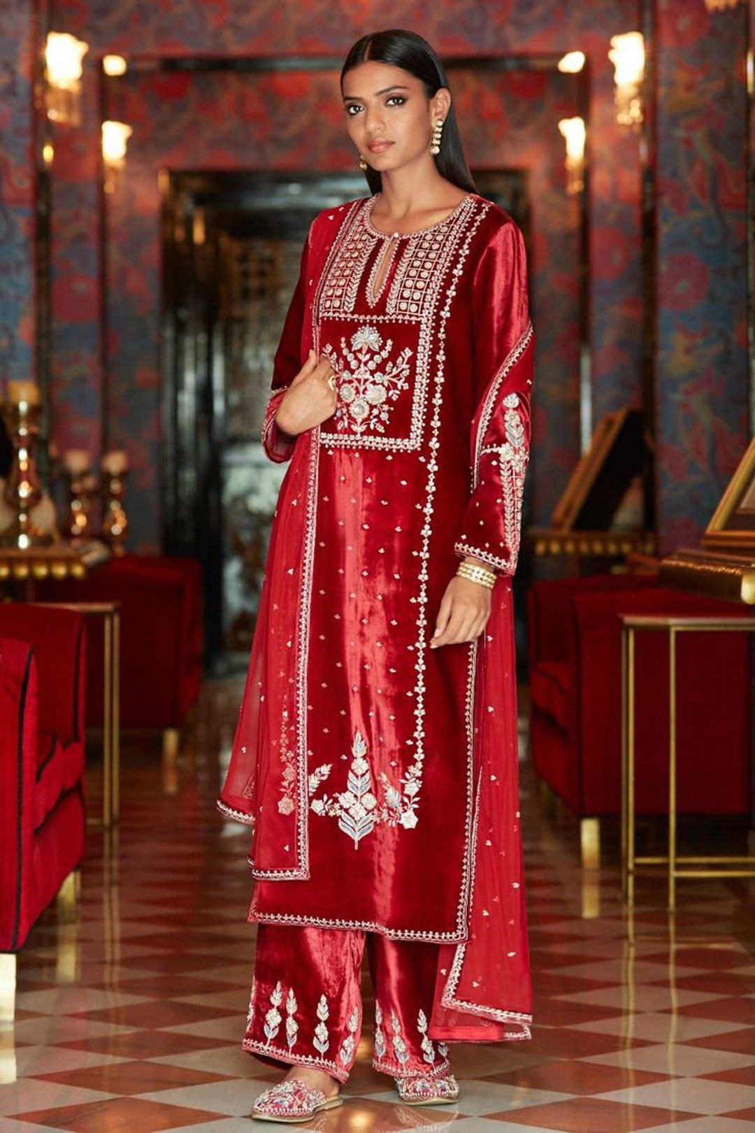 Pakistani Red Embroidered Velvet Kurta Palazzo Set With Organza