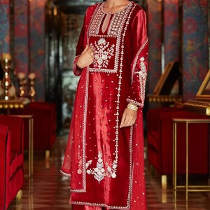 Pakistani Red Embroidered Velvet Kurta Palazzo Set with Organza Dupatta Partywear, Winter Velvet Salwar Kameez, Designer Velvet Suit Set image 1