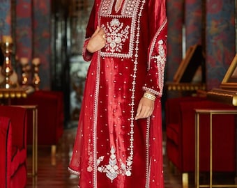 Pakistani Red Embroidered Velvet Kurta Palazzo Set with Organza Dupatta Partywear, Winter Velvet Salwar Kameez, Designer Velvet Suit Set