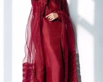 Customized Elegance: Handmade Dark Red Silk Ensemble with Pin Tux Sleeves and Polo Neck Design, Pakistani Suit for Women, Bridesmaid Dress