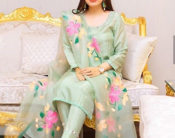 Indian Designer Hand-Painted Pastel Sea-Green Full Stitched Kurta Pant Dupatta Set with Crystal Embellishments for Women, Party Wear Dress