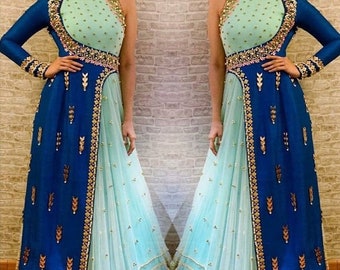 Designer Dark and Light Blue Angrakha Anarkali Gown Golden Zari and Cutdana Work Handcrafted Elegance Bridal and Party Wear Bridesmaid Gown