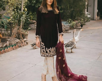 Magenta Velvet Winter Embroidered Kurta Trouser Dupatta set | Indian Ethnic Women Wear | Thick Festive Embroidered Kurta | Bollywood Formals