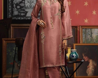 Lilac pink Floral Embroidered Kurta Pant Dupatta Set Indian Ethnic Women Party Wear Silk Pakistan Festive Dress Kurta, Formal Wear