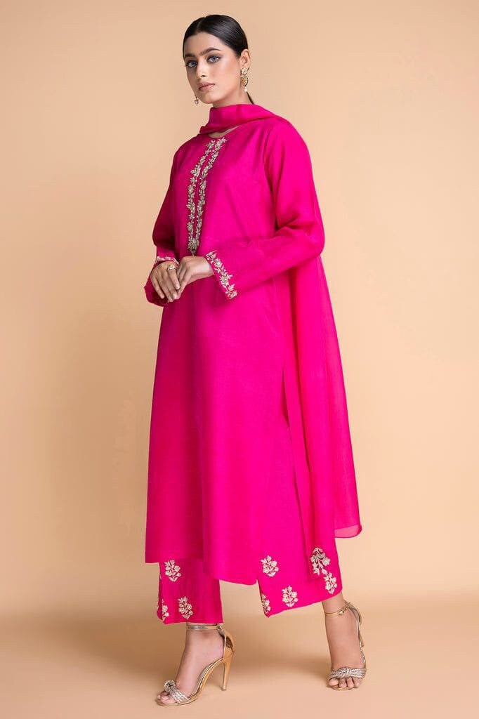 Pink Round Neck Silk Kurta Set with Dupatta main image 0