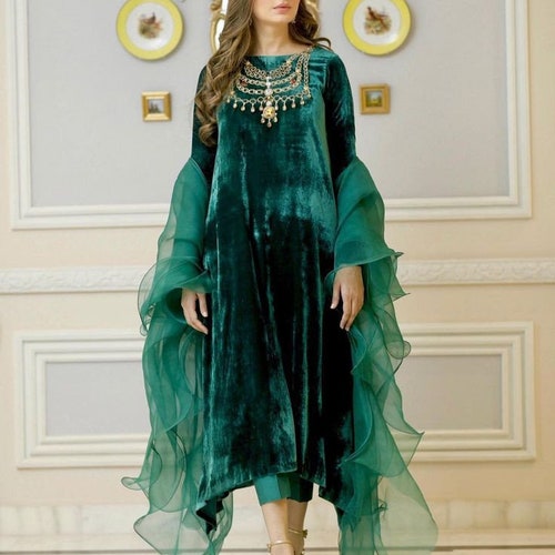 Green Velvet Long Pakistani Kurtapakistani Indian Party Wear - Etsy