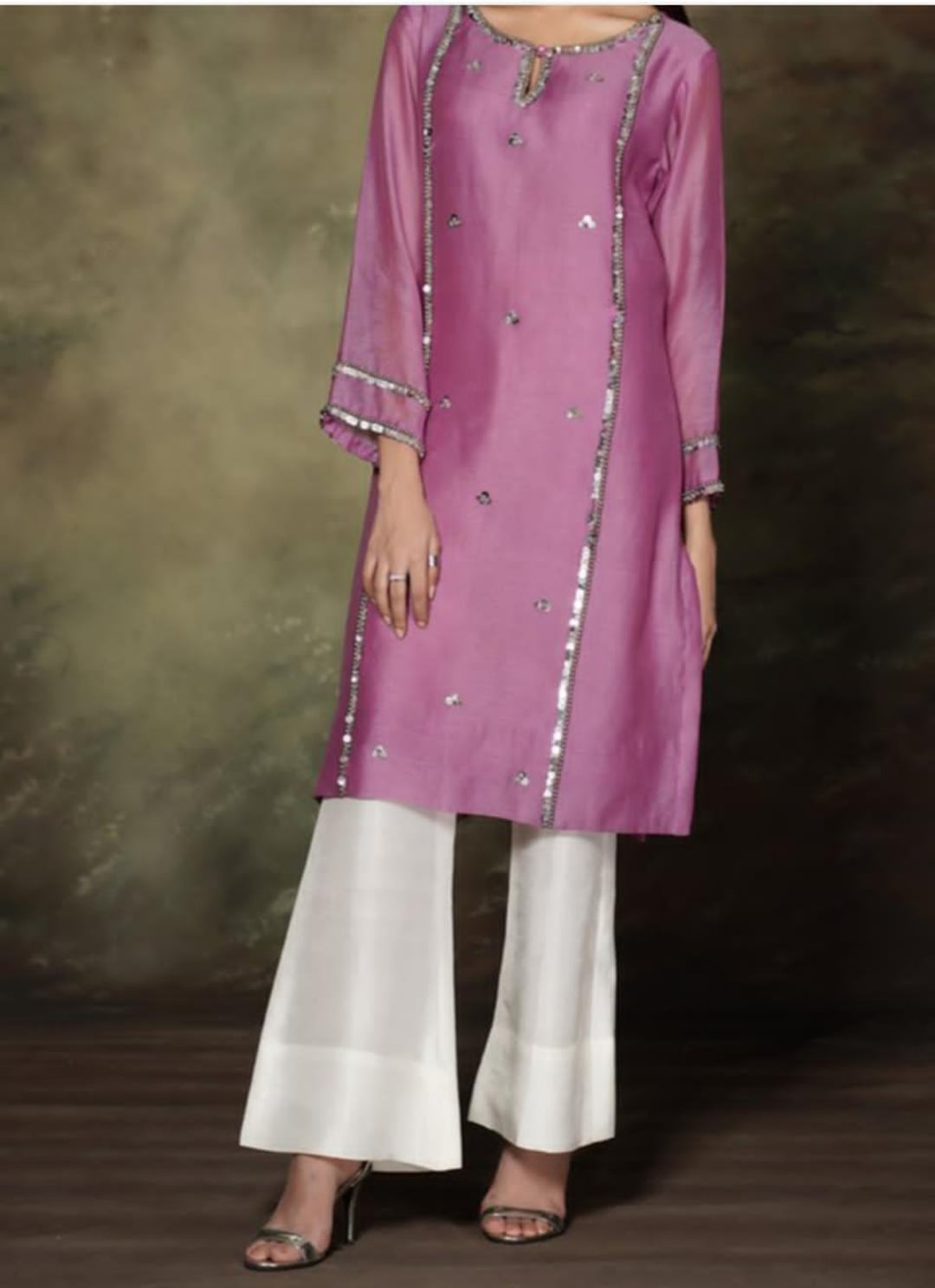Handmade Lilac Bell Bottom Trouser Set With Sitara and Bead
