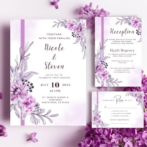 May include: Purple wedding invitation suite featuring floral designs. The invitation card displays the couple's names, wedding date, time, and location. The reception card provides details about the venue, transportation, and contact information. The RSVP card includes a section for guests to confirm their attendance and any dietary requirements.