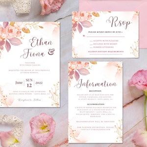 Könnte beinhalten: Hochzeitseinladungssuite mit einem Aquarell-Blumendesign in Rosa- und Goldtönen. Die Einladung zeigt die Namen "Ethan & Fiona" und das Datum "12. Juni 2022". Die RSVP-Karte enthält einen Abschnitt, in dem die Gäste ihre Teilnahme und ihre Ernährungsanforderungen angeben können. Die Informationskarte enthält Details zur Rezeption und Unterkunft.