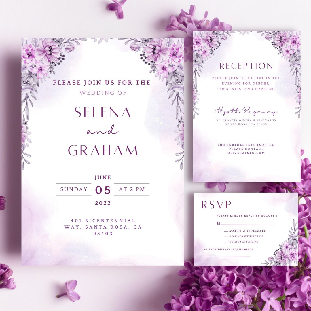 Lilac Purple Wedding Invitation, Wedding Invitation Template Digital ...