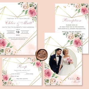 Könnte beinhalten: Hochzeitseinladungssuite mit goldenen geometrischen Rahmen und Aquarell-Blumenmustern. Die Einladung zeigt die Namen des Paares, "Chloe & Matt", und das Hochzeitsdatum, "Sonntag, 10. Juli 2022, um 17:00 Uhr". Die Empfangs-Karte enthält den Ort, "Pacific Palms Resort", und die Uhrzeit, "18:30 Uhr". Die RSVP-Karte hat einen Abschnitt, in dem die Gäste ihre Teilnahme und etwaige Ernährungsanforderungen angeben können.