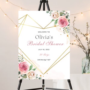 Pink Rose Welcome Sign Bridal Shower Editable Template Digital Download, Geometric Heart Wedding Shower Poster Instant Printable Download