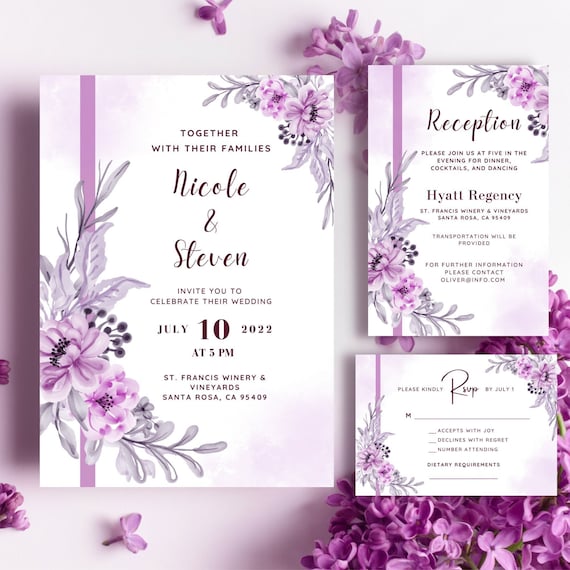 Lilac Wedding Invitation, Purple Wedding Invitation Template