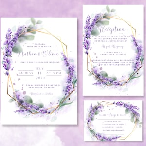 May include: Lavender floral wedding invitation suite with gold geometric frames. The invitation features the text "Together with their families Nathan & Olivia invite you to join our wedding Sunday July 11 2021 at 5 PM St. Francis Winery & Vineyards Santa Rosa, CA 95409 Reception to Follow". The reception card features the text "Reception Please join us at half past six in the evening for dinner, cocktails, and dancing at Hyatt Regency 170 Railrod St. Santa Rosa, CA 95401 Transportation will be provided. For further information, please contact nathan@info.com". The RSVP card features the text "Please RSVP by July 1 Accepts with joy Declines with regret Number attending Dietary requirements".