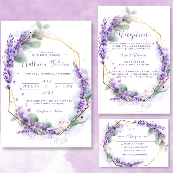 Lilac Wedding Invitation Suite Template, Purple Wedding Program Digital Download, Save the Date Template, Lavender Floral Editable Invites