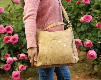 Cork bag with golden highlights, vegan ladies bag, handbag, shoulder bag, soft and supple cork, birthday gift