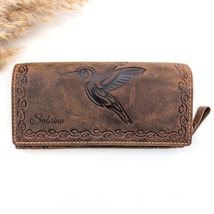 Wildleder Damengeldbörse mit Kolibri-Prägung und Gravur, RFID Schutz, Personalisierter Ledergeldbeutel für Damen, Geschenk Geburtstag
