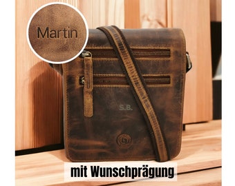 Echtleder Messenger Bag personalisiert, Kompakte Crossbody Bag mit Prägung, Unisex Umhängetasche Rindleder, Schultertasche, Herren und Damen