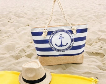 Strandtasche mit maritimen Motiven, Große Badetasche, Shopper Bag mit Reißverschluss, Urlaub, Strand, Schwimmbad, Geschenk Frau, Beach Bag