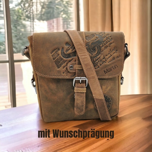 Echtleder Messenger Bag - personalisiert, Kompakte Crossbody Bag mit Heißprägung, Unisex Umhängetasche Büffelleder, Schultertasche