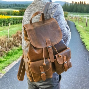 XXL Lederrucksack, großer hochwertiger Freizeitrucksack aus Büffelleder, geräumiger Beutelrucksack, Brauner Echtlederrucksack, Geschenkidee