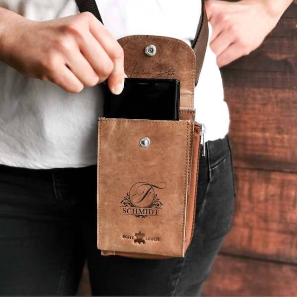 Handytasche zum Umhängen mit Gravur aus Leder, 2 in 1 Portemonnaie und Umhängetasche für Smartphone