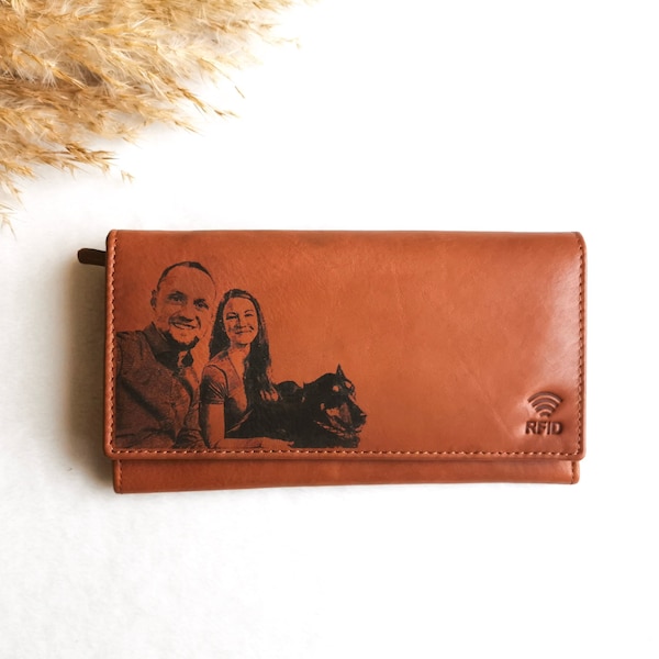 Portemonnaie Damen Fotogravur personalisiert | Geldbeutel Damen mit RFID-Schutz aus Rind Leder |  Muttertag | Hochzeitstag | Geschenkidee