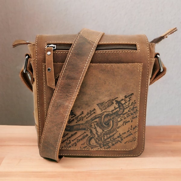 Echtleder Messenger Bag im Western Stil, Kompakte Crossbody Bag, Unisex Umhängetasche Büffelleder, Schultertasche, Büffelleder Tasche