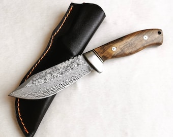 Damascus knife hunting knife with engraving | Gift for Him | Knife set with burl wood handles | elaborate mosaic pins | For hunters & nature lovers |