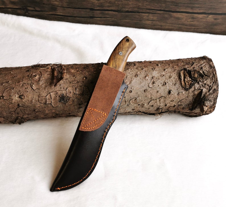 Damascus knife hunting knife with engraving Gift for him Knife set with root wood handles Elaborate mosaic pins For hunters & nature lovers image 5