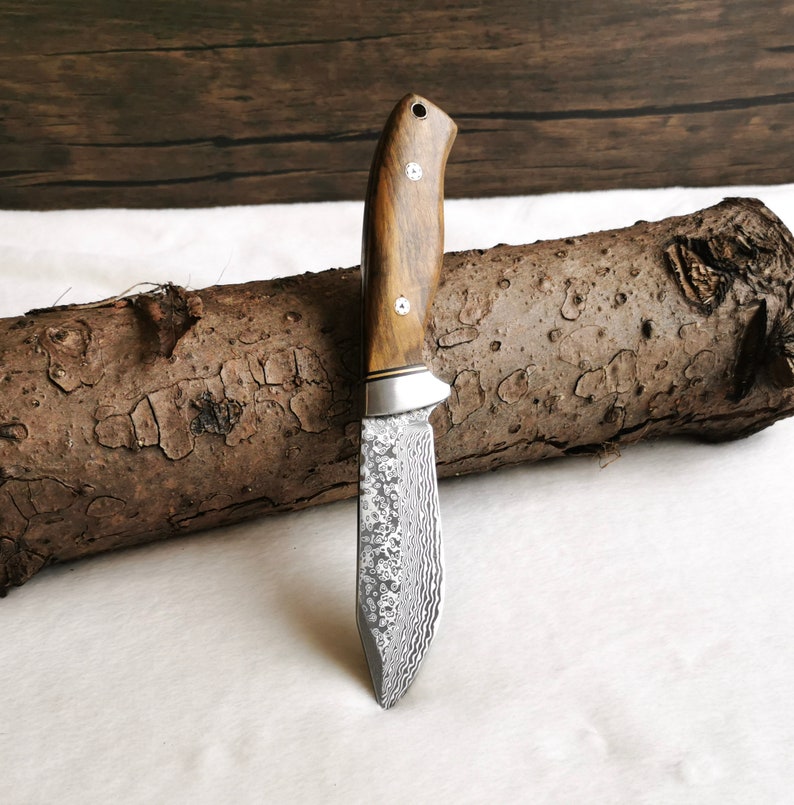 Damascus knife hunting knife with engraving Gift for him Knife set with root wood handles Elaborate mosaic pins For hunters & nature lovers image 9