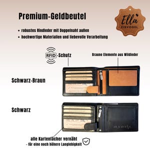 May include: A black leather wallet with brown accents. The wallet has multiple card slots, a zippered compartment, and a flap with a snap closure. The text "RFID-Schutz" is visible on the wallet.