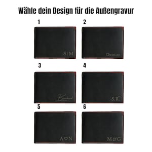 May include: Six different designs for a black leather wallet with red stitching. Each wallet has a different engraved design, including initials, a name, and a heart.