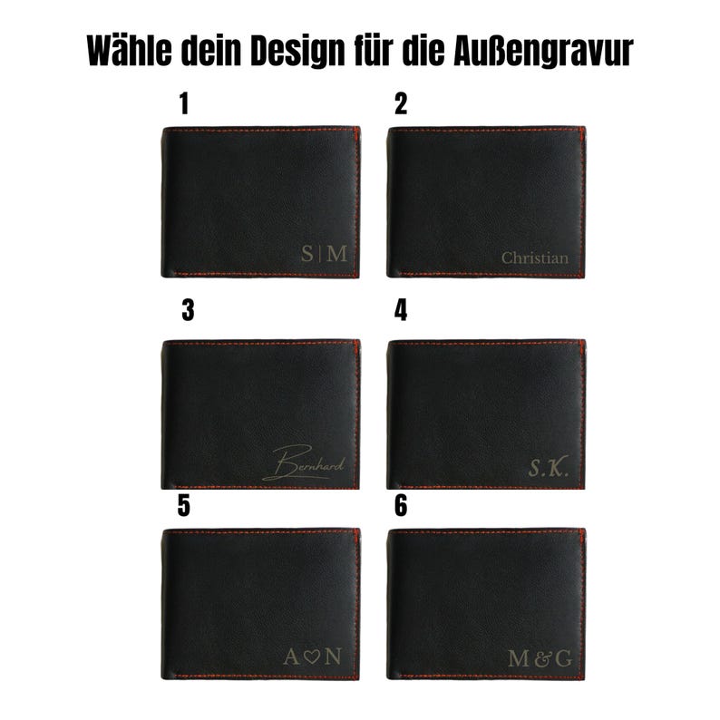 May include: Six different designs for a black leather wallet with red stitching. Each wallet has a different engraved design, including initials, a name, and a heart.