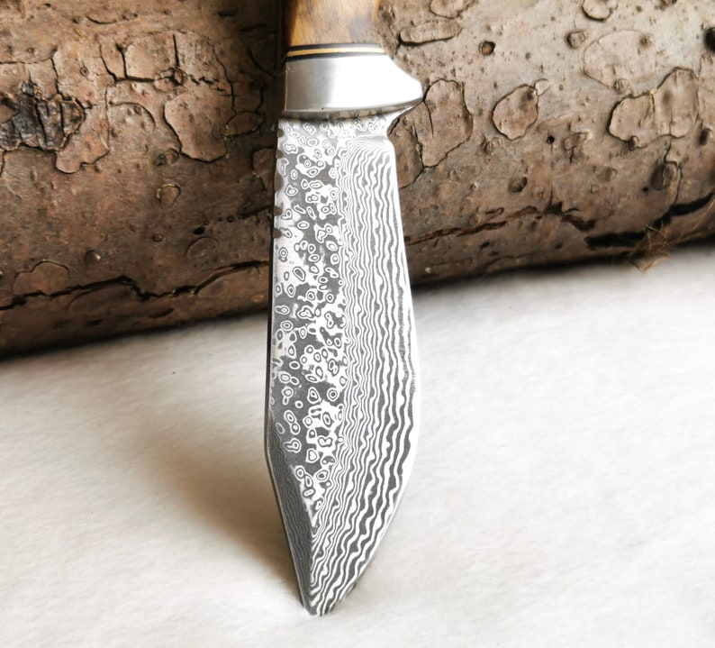 Damascus knife hunting knife with engraving Gift for him Knife set with root wood handles Elaborate mosaic pins For hunters & nature lovers image 6
