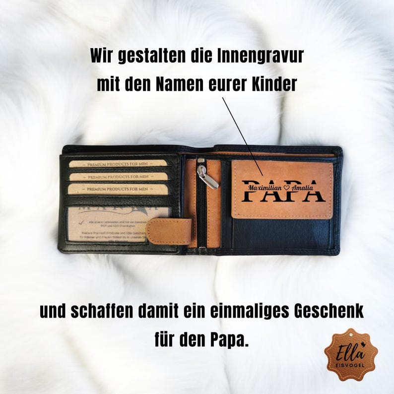 May include: A black leather wallet with a brown leather interior. The wallet has a personalized inscription that reads "PAPA" with the names "Maximilian" and "Amalia" above it. The inscription is in a brown font.