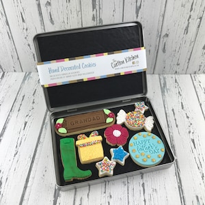 Father's Day (Grandad) Medium cookie tin. Hand decorated fondant covered vanilla biscuits. Great handmade gift for that special grandparent