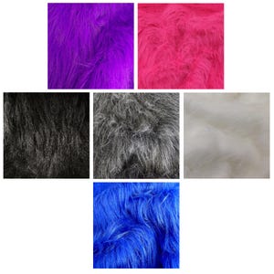 May include: Six fabric swatches showcasing faux fur in a range of colours. The colours are purple, hot pink, black, grey, white, and blue. The fur has a long, shaggy pile, giving a soft, textured look. The fabric is likely for crafts or fashion projects.