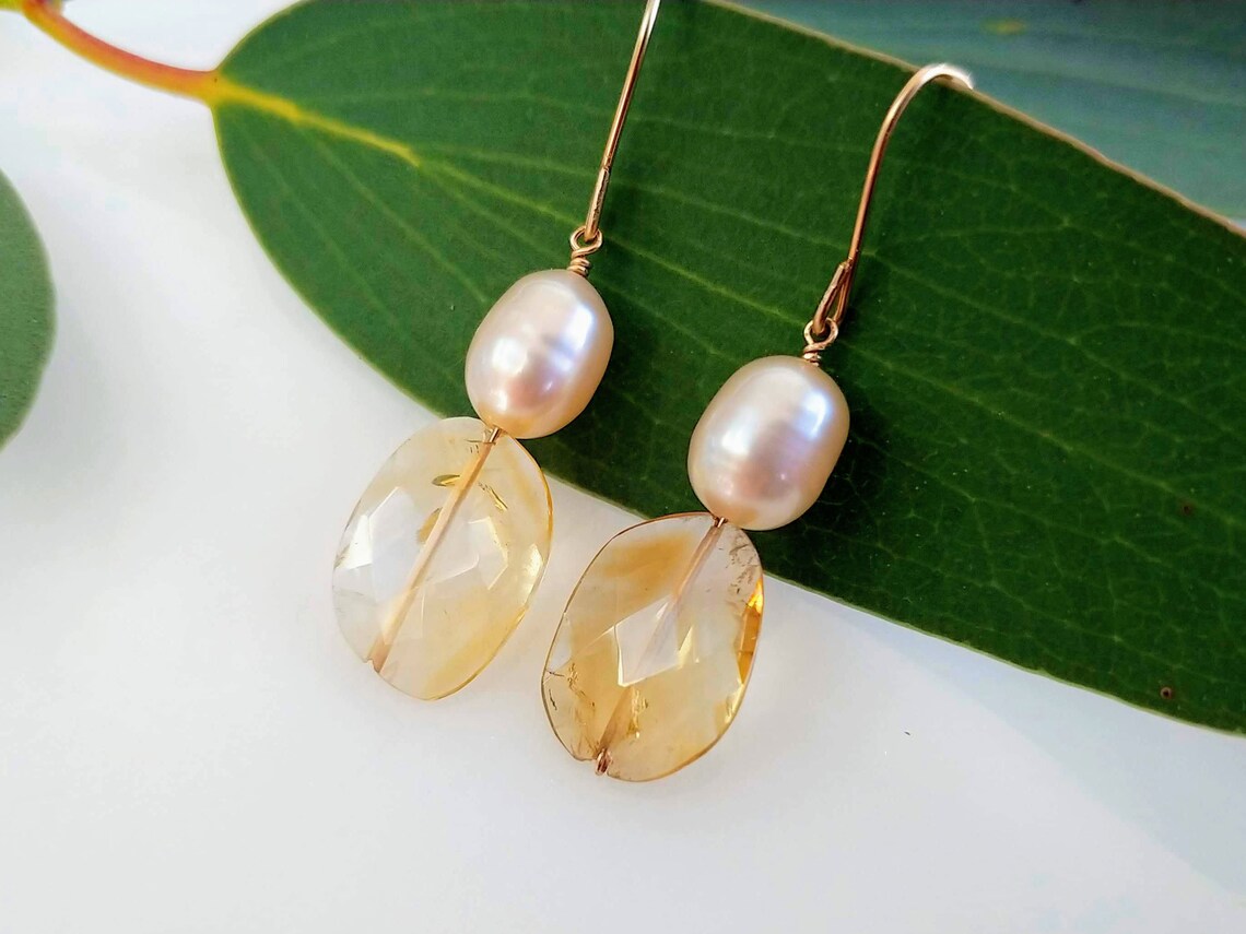 Simple Citrine & Freshwater Pearl Earrings 14K Gold Filled Etsy