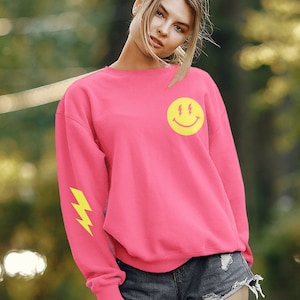 Lightning Bolt Smiley Face Crewneck Sweatshirt, Hot Pink Crewneck, Smiley Face Crewneck, Trendy Crewneck, Oversized Sweatshirt, Preppy Shirt